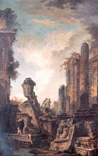 Roman Capriccio With Men Conversing Beside An Urn Oil Painting by Hubert Robert