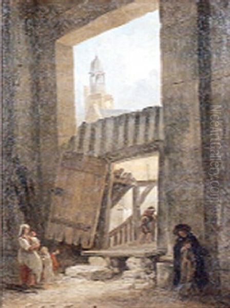 Personnages Dans Un Interieur Avec Vue Sur Le Clocher D'une Eglise Oil Painting by Hubert Robert