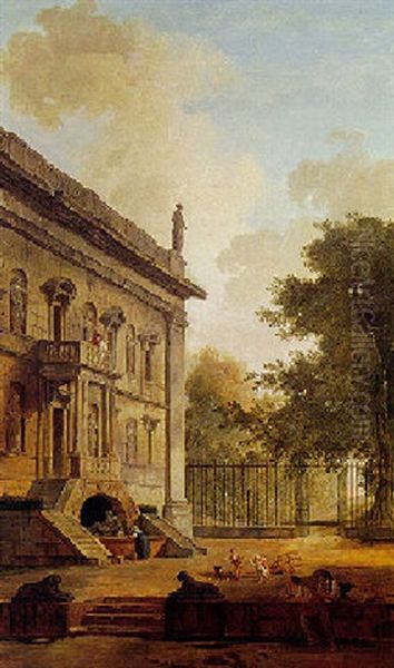 Landscape With A Palace, A Woman, Children Playing And Two Figures Resting Oil Painting by Hubert Robert