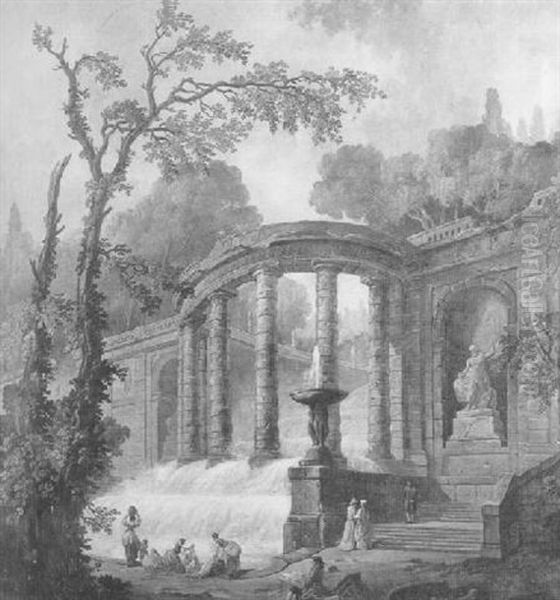 Les Blanchisseuses Au Bas De L'escalier D'eau Oil Painting by Hubert Robert