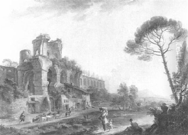 Sudliche Landschaft Mit Ruinen Und Hirtenstaffage Oil Painting by Hubert Robert