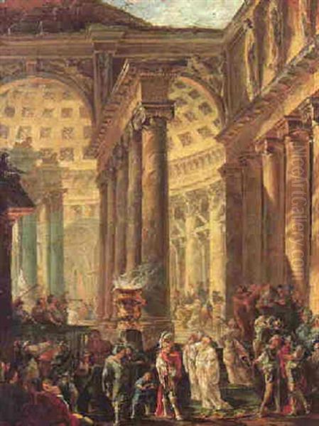 A Capriccio Of A Roman Temple With Alexander The Great Entering In Triumph Oil Painting by Hubert Robert