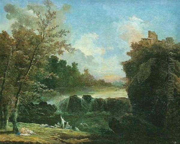 La Baignade Pres De La Cascade Oil Painting by Hubert Robert