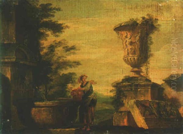 A Capriccio With Ruins And A Woman At A Fountain Oil Painting by Hubert Robert