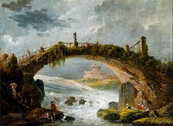 A Bridge Spanning Rapids Witth Washerwomen And Other Figures Below, A Castle Beyond Oil Painting by Hubert Robert