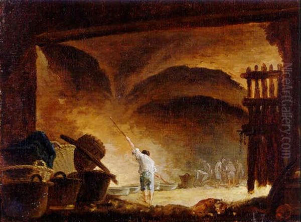 Washermen Boiling Laundry In A Cavernous Ruin Oil Painting by Hubert Robert