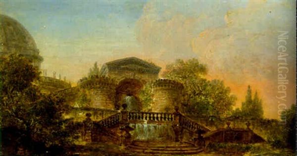 A Fountain In The Vatican Gardens, Saint Peters' Beyond Oil Painting by Hubert Robert