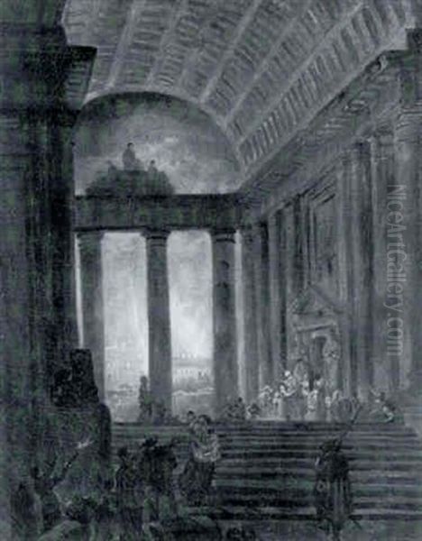 Palais Antique Illumine Par Un Incendie Oil Painting by Hubert Robert