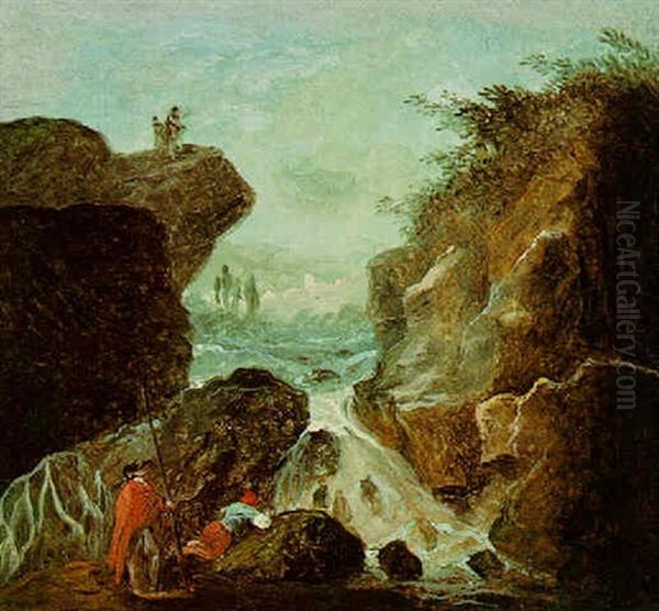 Rocky Landscape With Figures Resting Near Cascade Oil Painting by Hubert Robert