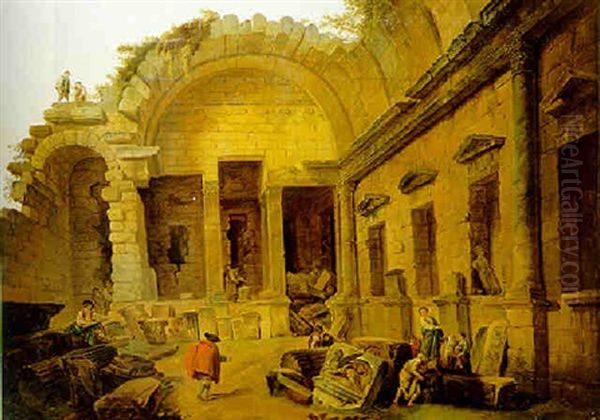 The Interior Of The Temple Of Diana, Nimes, With An Artist Sketching And Peasants Conversing Oil Painting by Hubert Robert