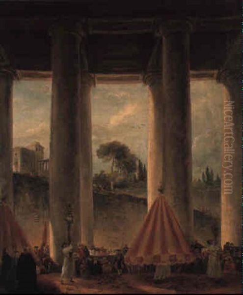 A Pontifical Procession Celebrating The Feast Of Corpus Christi, Rome Oil Painting by Hubert Robert