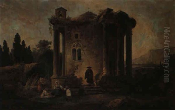 Italianate Landscape With Figures Before A Round Church Oil Painting by Hubert Robert