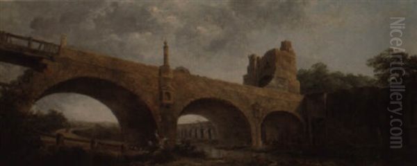 La Cavaliere Pres Des Ruines D'un Pont Antique Oil Painting by Hubert Robert