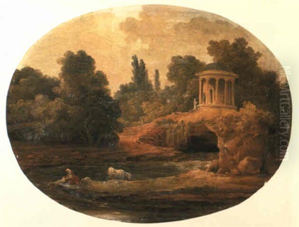 A River Landscape With A Washerwoman At Work Below A Temple... Oil Painting by Hubert Robert