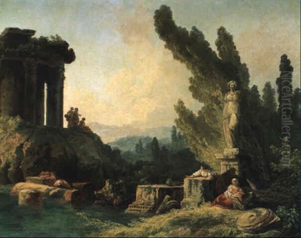 A Woman Fishing And Other Figures By Roman Ruins Oil Painting by Hubert Robert