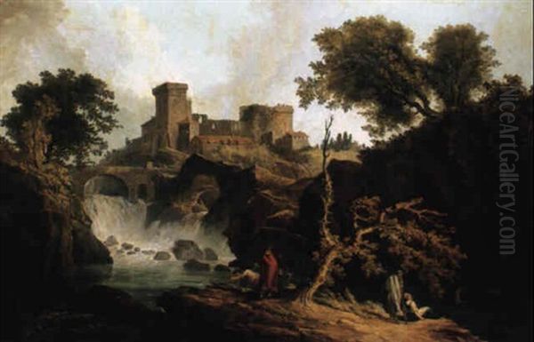 Landscape With A Waterfall, A Castle And Figures By The Side Of A Stream by Hubert Robert