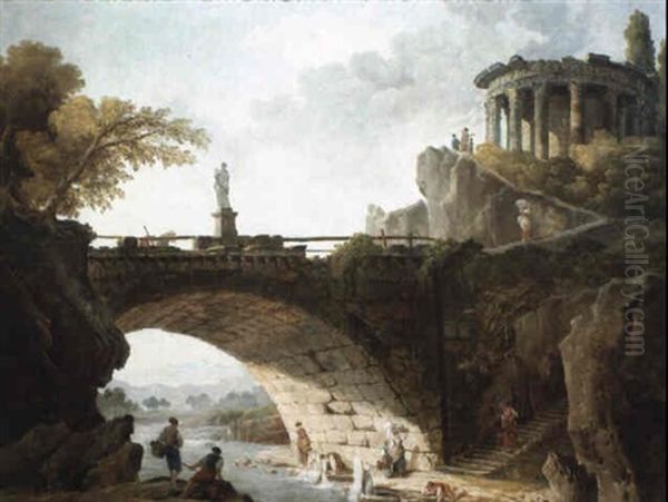 Les Lavandieres Sous Un Pont De Pierre, Pres Du Temple De Vesta Oil Painting by Hubert Robert