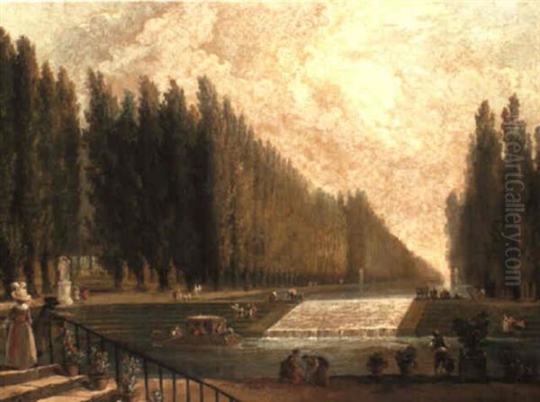 The Park Of A Country Villa With Figures Promenading Near A Cascade Oil Painting by Hubert Robert