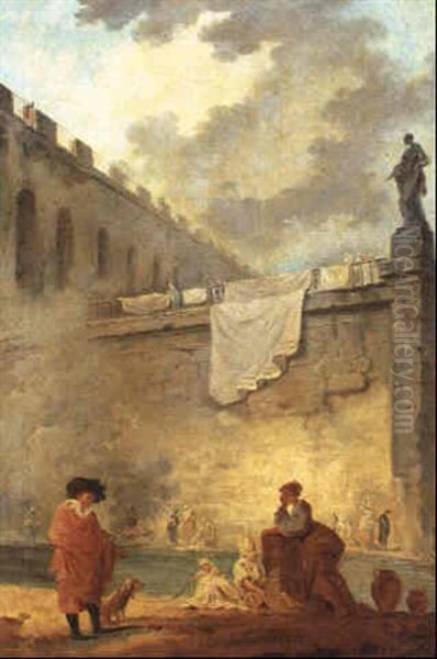 Personnages Au Bord De L'eau Oil Painting by Hubert Robert