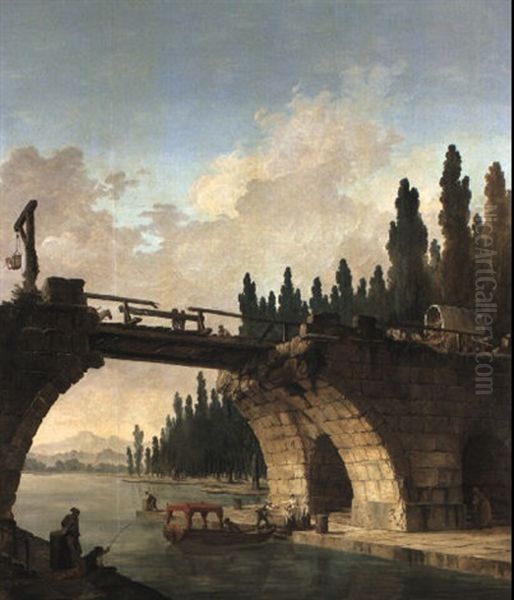 Cart Crossing A Ruined Bridge Over A River With A Family Boarding A Barge Oil Painting by Hubert Robert