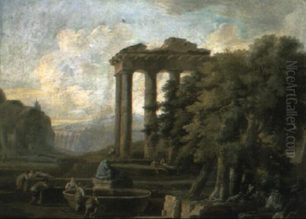 A Classical Landscape With Peasants By A Fountain And A Ruined Portico Oil Painting by Hubert Robert