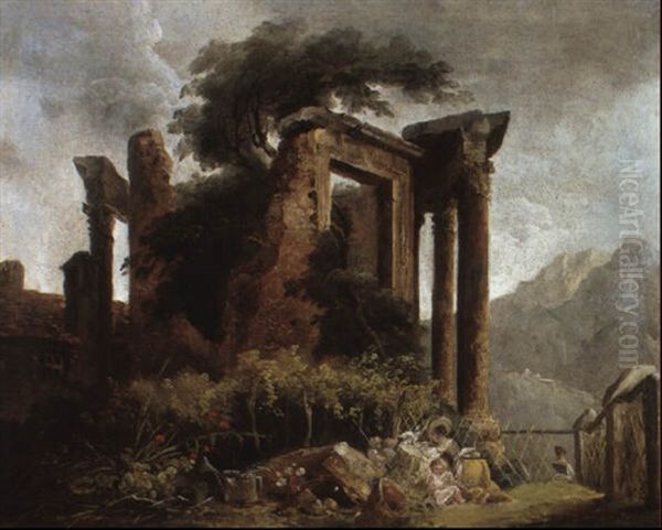 Landscape With Ruins And A Girl With Children And Doves Oil Painting by Hubert Robert