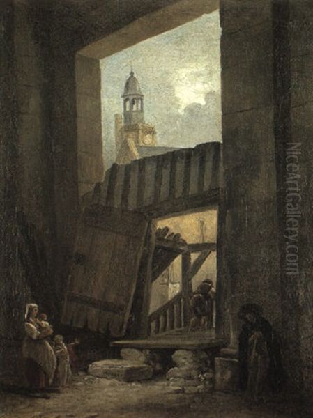 Personnages Devant Une Porte Monumentale, Le Clocher D'une Eglise Derriere Oil Painting by Hubert Robert