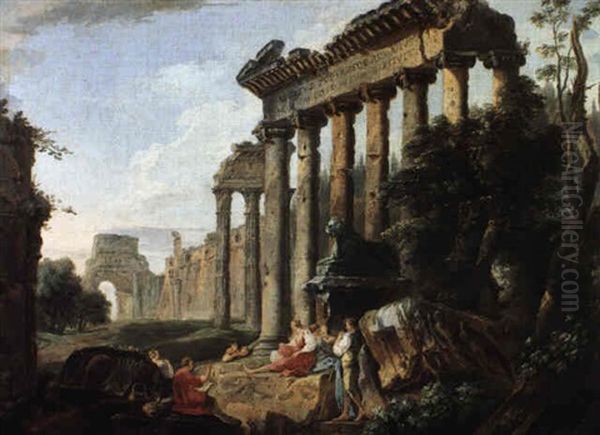 Landscape With Figures Amongst Ruins Oil Painting by Hubert Robert