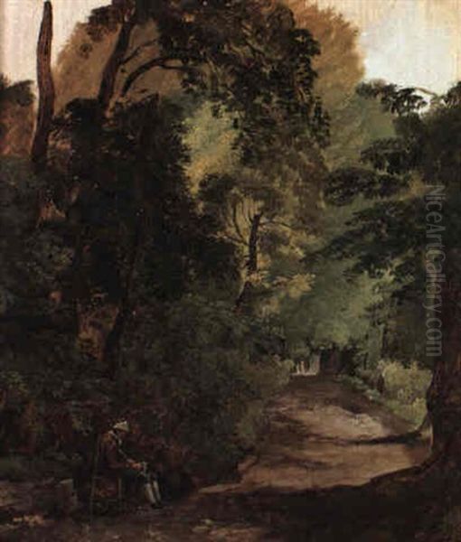 Gentleman Dozing In A Chair At The End Of A Wooded Garden Path Oil Painting by Hubert Robert