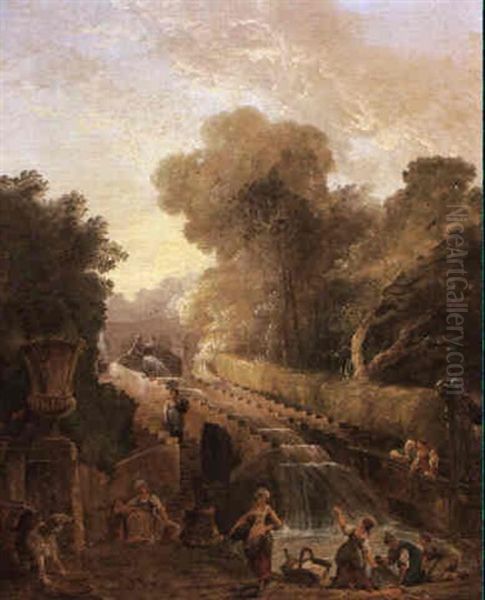 View Of The Cascade At The Villa D'este, Rome Oil Painting by Hubert Robert