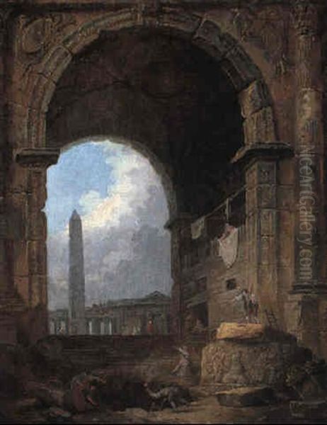 Architectural Capriccio With Antique Ruins Oil Painting by Hubert Robert