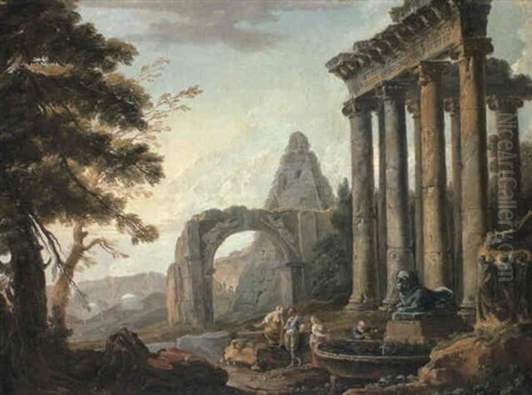 Capriccio With The Temple Of Concordia With Figures Before A Fountain Oil Painting by Hubert Robert