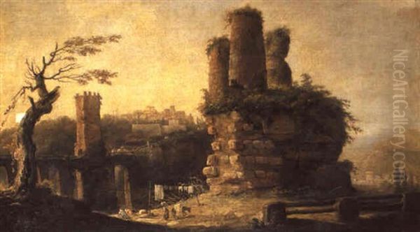 Lavandieres Dans Un Paysage Avec La Tombe Des Horaces Et Des Curiaces... by Hubert Robert