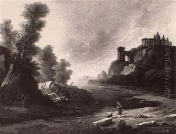 Paysage Italien Avec Des Pecheurs Au Bord D'une Riviere Oil Painting by Hubert Robert