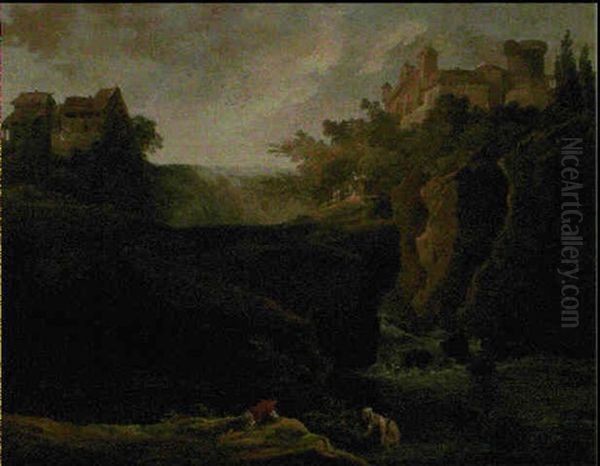 Paysage De Cascade Avec Lavandieres Oil Painting by Hubert Robert