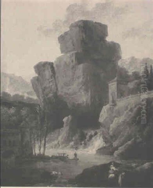 Bergers Dans Un Paysage De Cascade by Hubert Robert