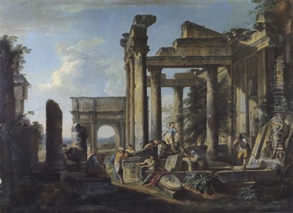 Soldats Parmi Des Ruines Romains Oil Painting by Hubert Robert