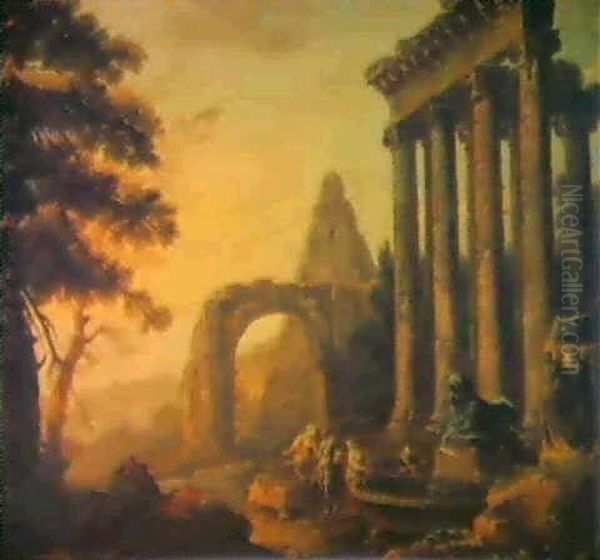 A Capriccio With The Temple Of Concordia, The Arch Of Titus And The Pyramid Of Caius Cestius Oil Painting by Hubert Robert