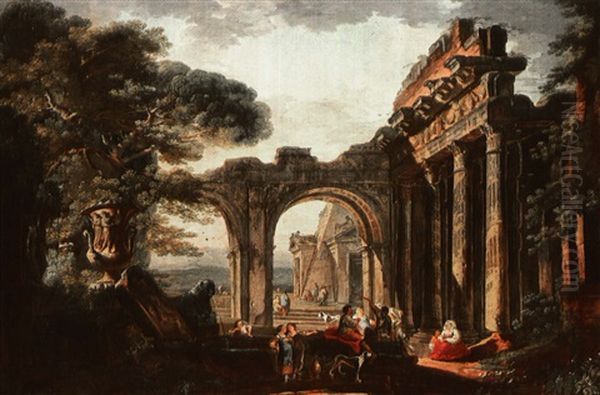 Italian Peasants Resting Among Roman Ruins (2) Oil Painting by Hubert Robert