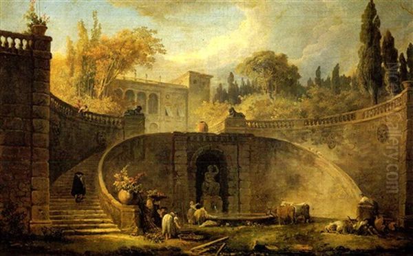 A View Of The Gardens And The Grand Staircase Of The Farnesepalace At Caprarla Oil Painting by Hubert Robert