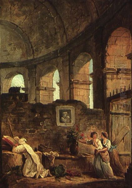 A Praying Monk In A Ruined Amphitheatre With Two Women      Stealing Flowers From A Vase Oil Painting by Hubert Robert