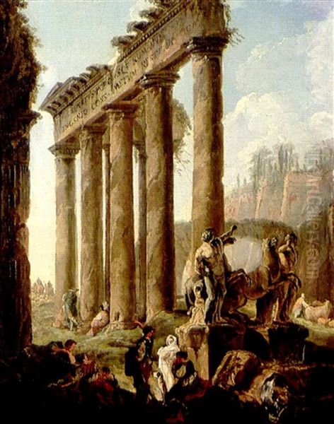 Figures In A Landscape With Ruins And Statues Of Castor     And Pollux by Hubert Robert