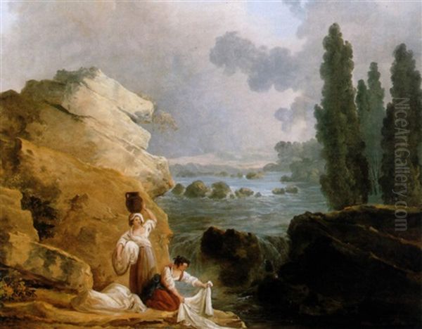 Two Women Washing By A Cascade Oil Painting by Hubert Robert