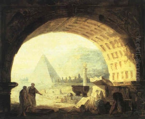 Vue De Vestige Antique Sous Un Arche Oil Painting by Hubert Robert