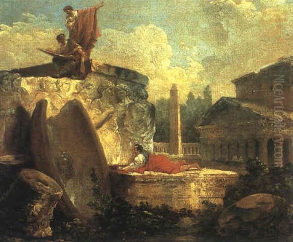 Dessinateurs Dans Un Paysage Avec Ruines Antiques Oil Painting by Hubert Robert