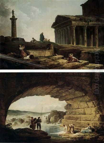 Washer Women And Fishermen Beneath An Arch And Figures In   A Landscape With A Fountain And Classical Ruins Oil Painting by Hubert Robert