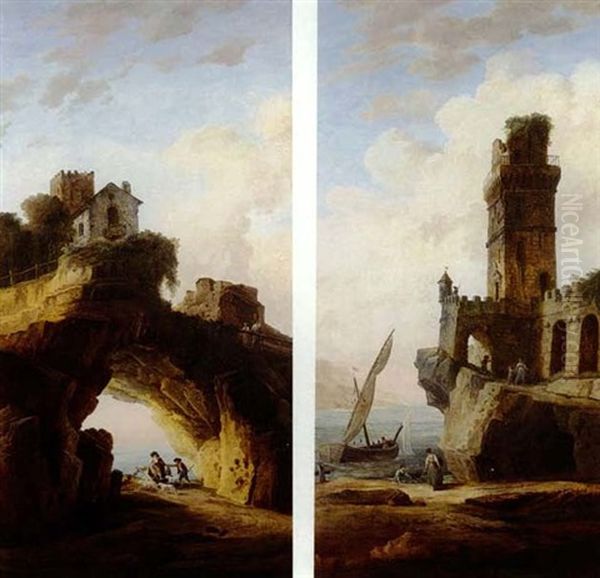 Shepherds In A Grotto Beneath A House And Figures By The    Ruins Of A Castle On A Rocky Shore: A Pair Of Paintings Oil Painting by Hubert Robert