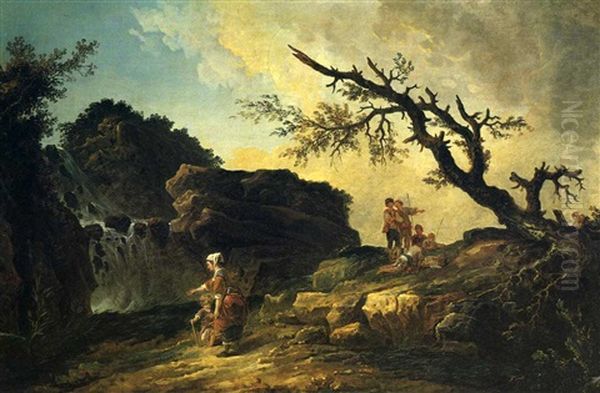 La Cascade (rocky Hillside With Peasants And Waterfall) Oil Painting by Hubert Robert