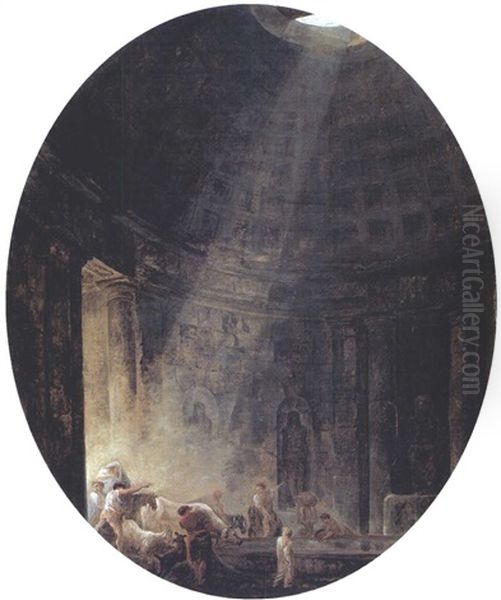 Animaux S'abreuvant Dans Une Rotonde Antique Ou L'abreuvoir Oil Painting by Hubert Robert