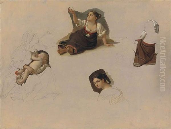 Figure Studies: A Young Girl, A Mother Nursing Her Child, And Others Oil Painting by Leopold-Louis Robert